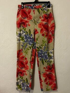 Vintage Maren  Floral Cotton Stretch Pants in Pink & Blue on Tan Sz 10